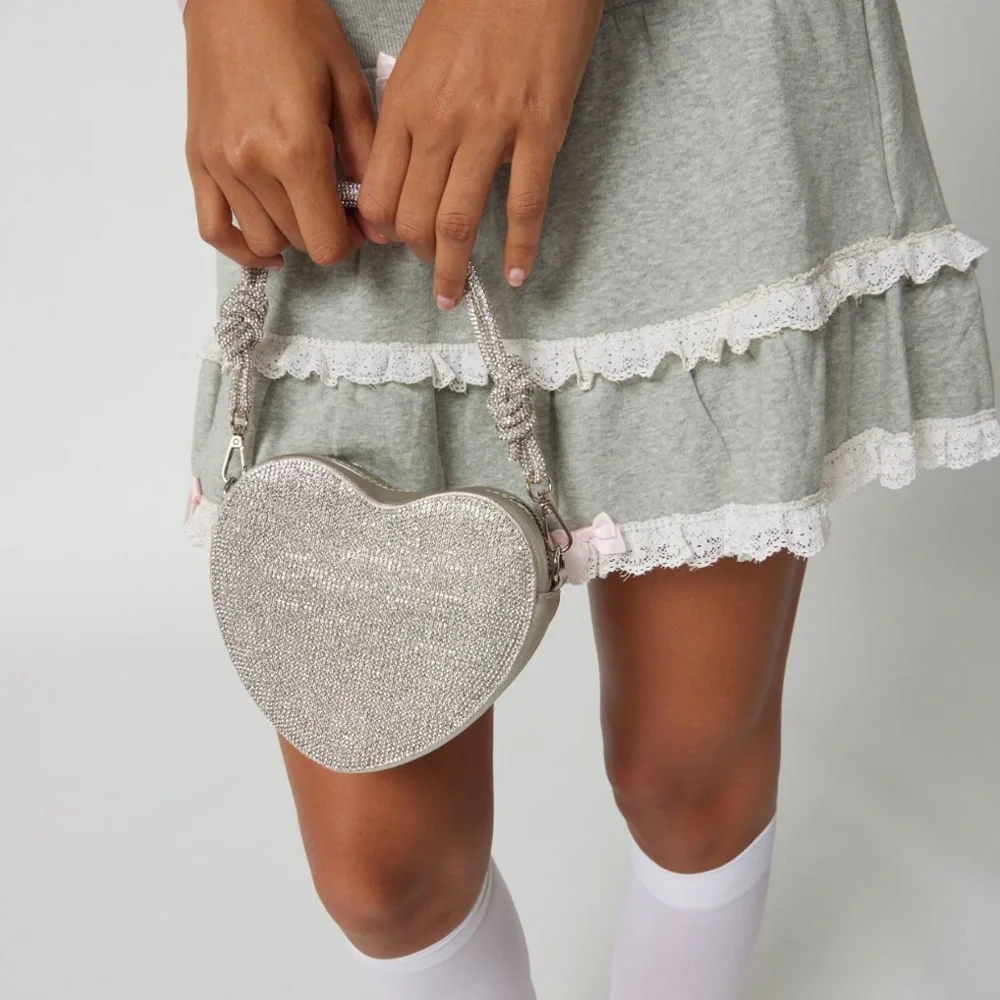 Kimchi Blue Diamonte Heart Baguette Bag in Black